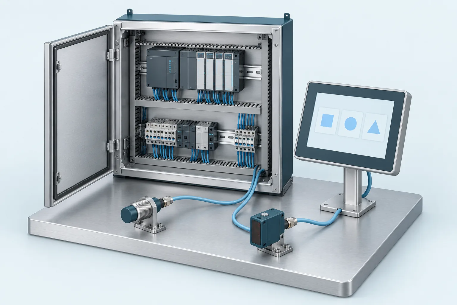 Illustrazione di un quadro di controllo con PLC, moduli di ingresso e uscita, terminale HMI e sensori collegati.