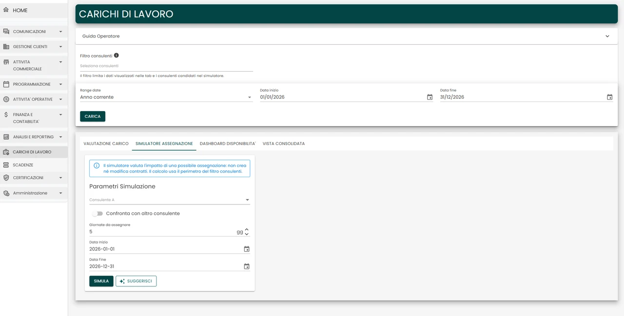 Schermata reale del CRM: filtri per periodo e consulenti, scheda Simulatore assegnazione e parametri per le giornate di lavoro, senza consulenti selezionati.