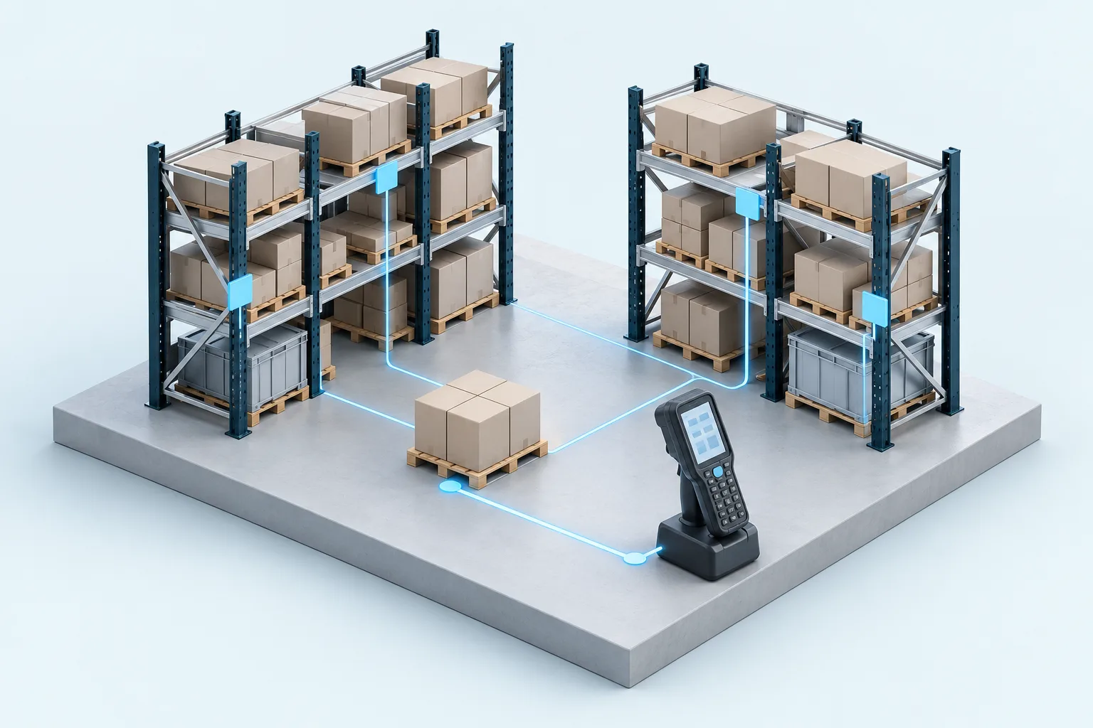Illustrazione di scaffalature, pallet e ubicazioni di magazzino collegati a un terminale palmare.